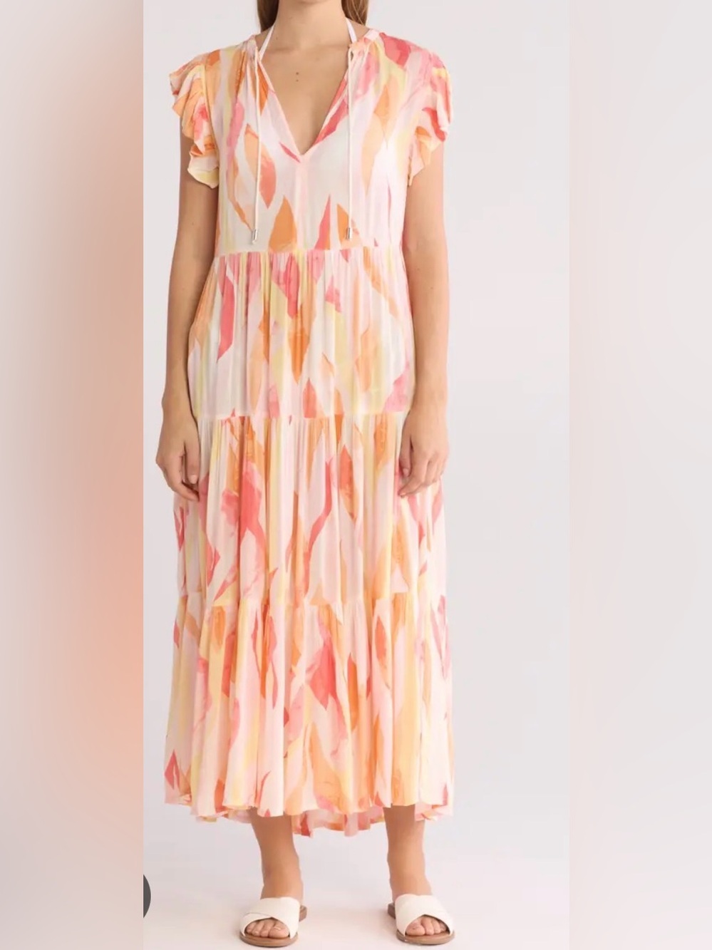 Elan Ruffle Cap Sleeve Tiered Cover-Up Maxi Dress M Cotton ruffle cap sleeves